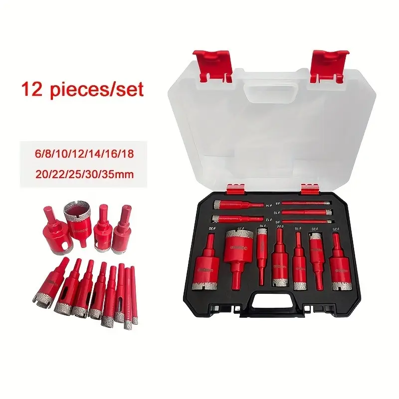 12-piece diamond welding red dry drill bit set Tile Drill Bits to achieve efficient and convenient diamond coating, suitable for granite, marble, full-size glass tiles and ceramics, Tool Box