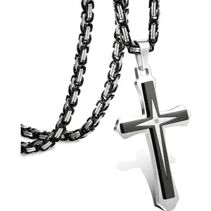 LOLIAS Black Gold Cross Necklace for Men Stainless Steel Byzantine Chain With Cross Pendant Necklace Mens Gift 22-30lnch