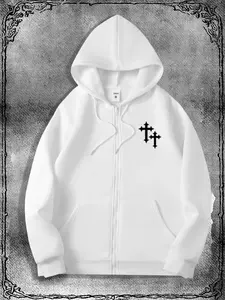 Men's Gothic Minimalist Graphic Print Long Sleeve Zip Knit Fitted Hoodie Sweatshirts, Fashion Streetwear Style for Casual Occasions, Perfect Match for Trendy