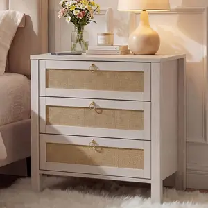 Rattan Woven White Bedside Table 3 Drawer MDF Wood Accent Nightstand with Storage Space for Bedroom and Dorm