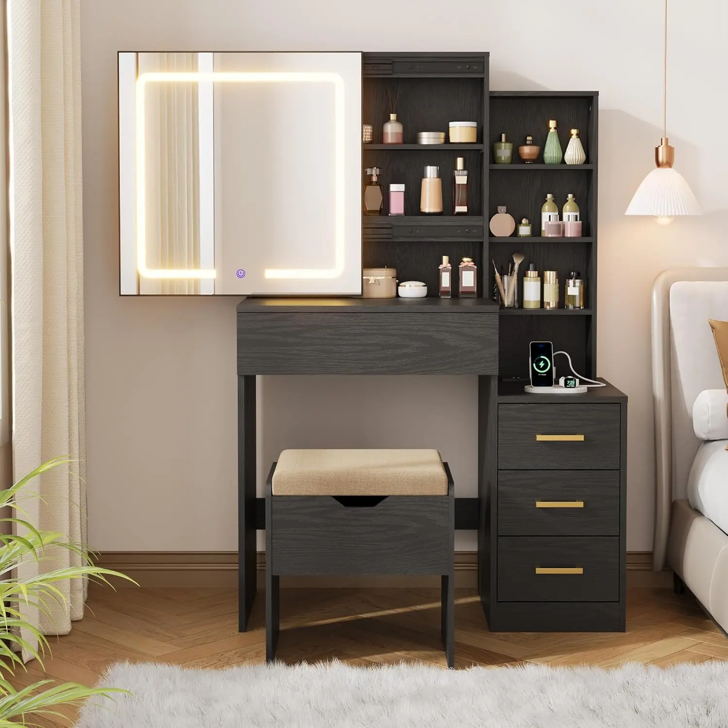 Makeup Vanity Desk with Sliding Lighted Mirror, Vanity Table with 3-Color Dimmable LED, Cushioned Stool & Power Outlet, 4 Drawers Makeup Table for Bedroom