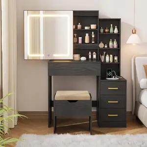 Makeup Vanity Desk with Sliding Lighted Mirror, Vanity Table with 3-Color Dimmable LED, Cushioned Stool & Power Outlet, 4 Drawers Makeup Table for Bedroom