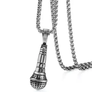 OIDEA Men's Women's Stainless Steel Retro Microphone Hip Hop Pendant Necklace with 22-Inch Wheat Chain