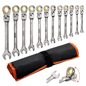 Flex-Head Ratcheting Wrench Set, 12-Piece SAE Sizes, 72-Tooth Ratchet, Cr-V Steel, Flexible Head With Roll-Up Pouch, General Household And Automotive Repair Tools, High-Strength Mechanic Hand Tool Set