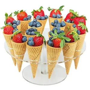 16 Holes Clear Acrylic Ice Cream Cone Holder, Waffle Cone Display Stand, Multipurpose Snack Rack for Hand Roll Sushi & Popcorn, Decorative Tray for Kids Party, Birthday and Wedding