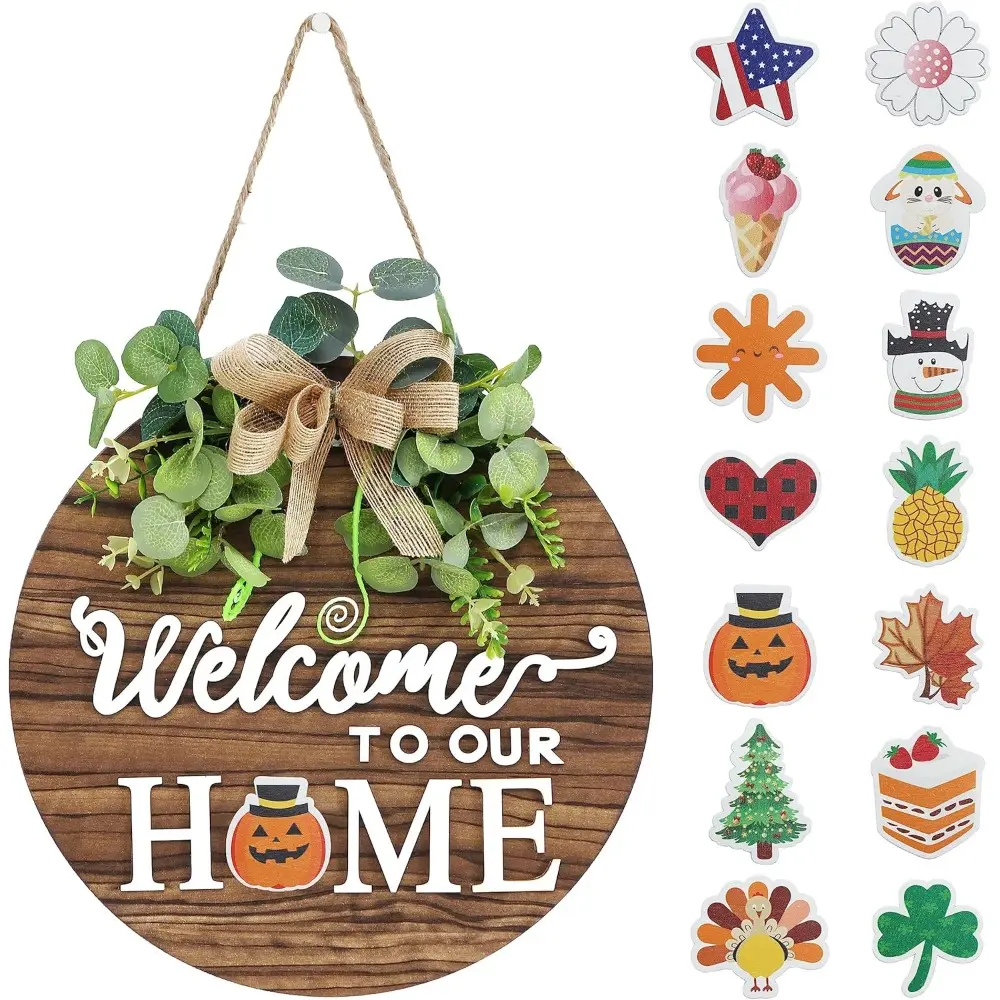 Handmade Rustic Round Wood Interchangeable Seasonal Welcome Wreath - Colorful Festive Door Hanger, Universal Front Doors Wall Decor, Farmhouse Porch Holiday Decoration