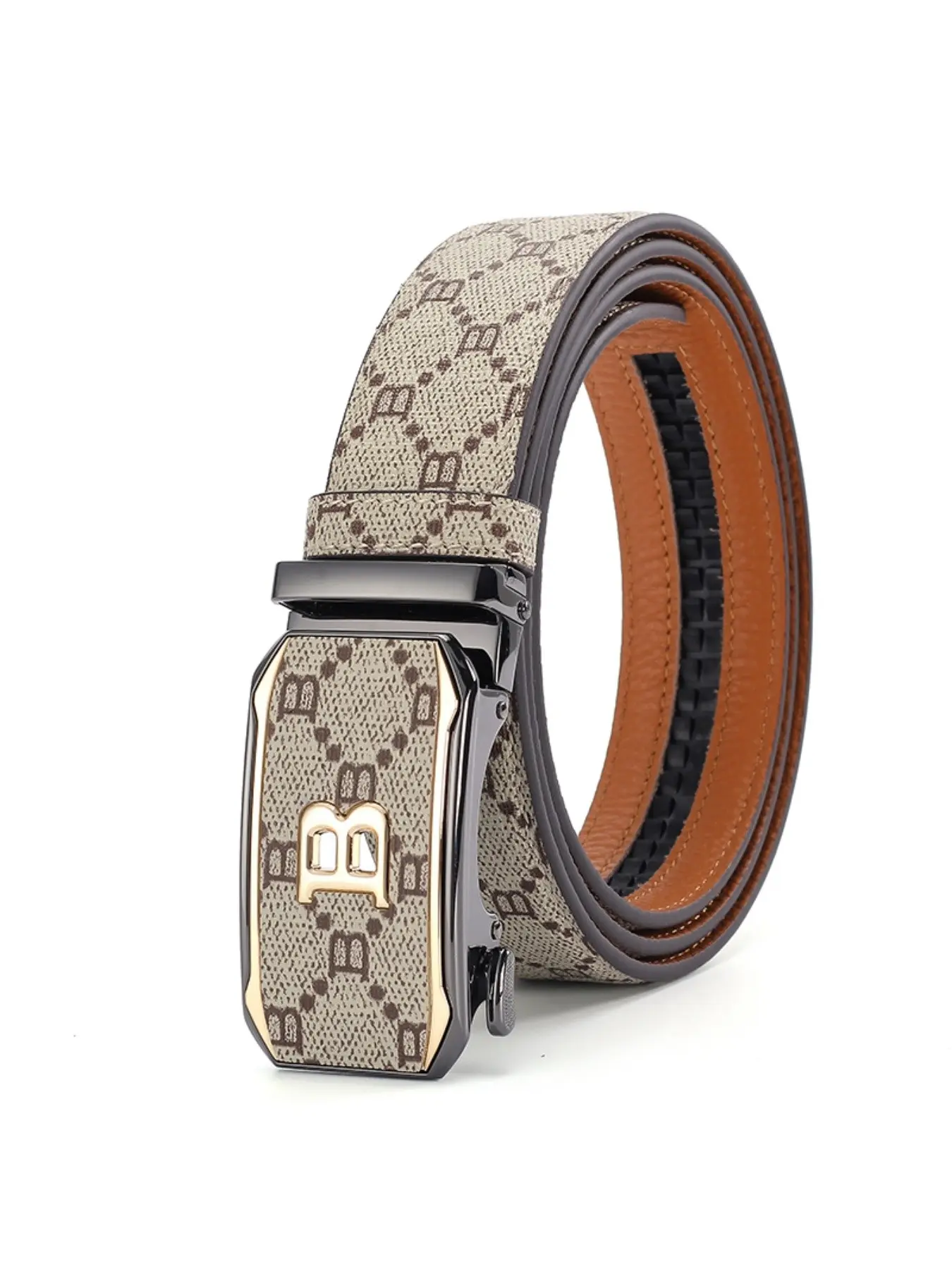 Men's Fashion Monogram Belt with Buckle, Premium PU Leather, B Letter Automatic Buckle, Casual Style, All Seasons, Design Belt, for Dress & Jeans