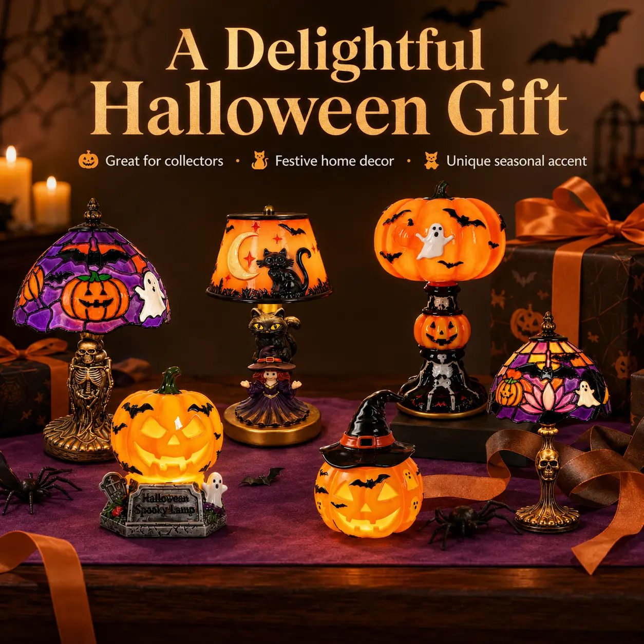 Retro Pumpkin Bat Pattern Desk Lamp with Halloween Glow Effect, Vintage Night Light for Bedroom, Cozy Home Decor Ideal Gift for Indoor Recreation Use