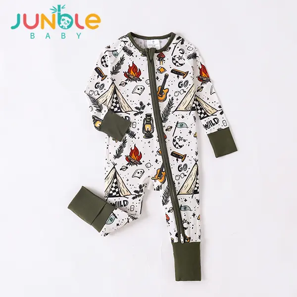 JUNBLE Unisex Bamboo Bodysuit, Long Sleeve Camping Adventure Print Pajamas with 2-Way Zipper and Convertible Footies, Regular, Infant (0-24M)