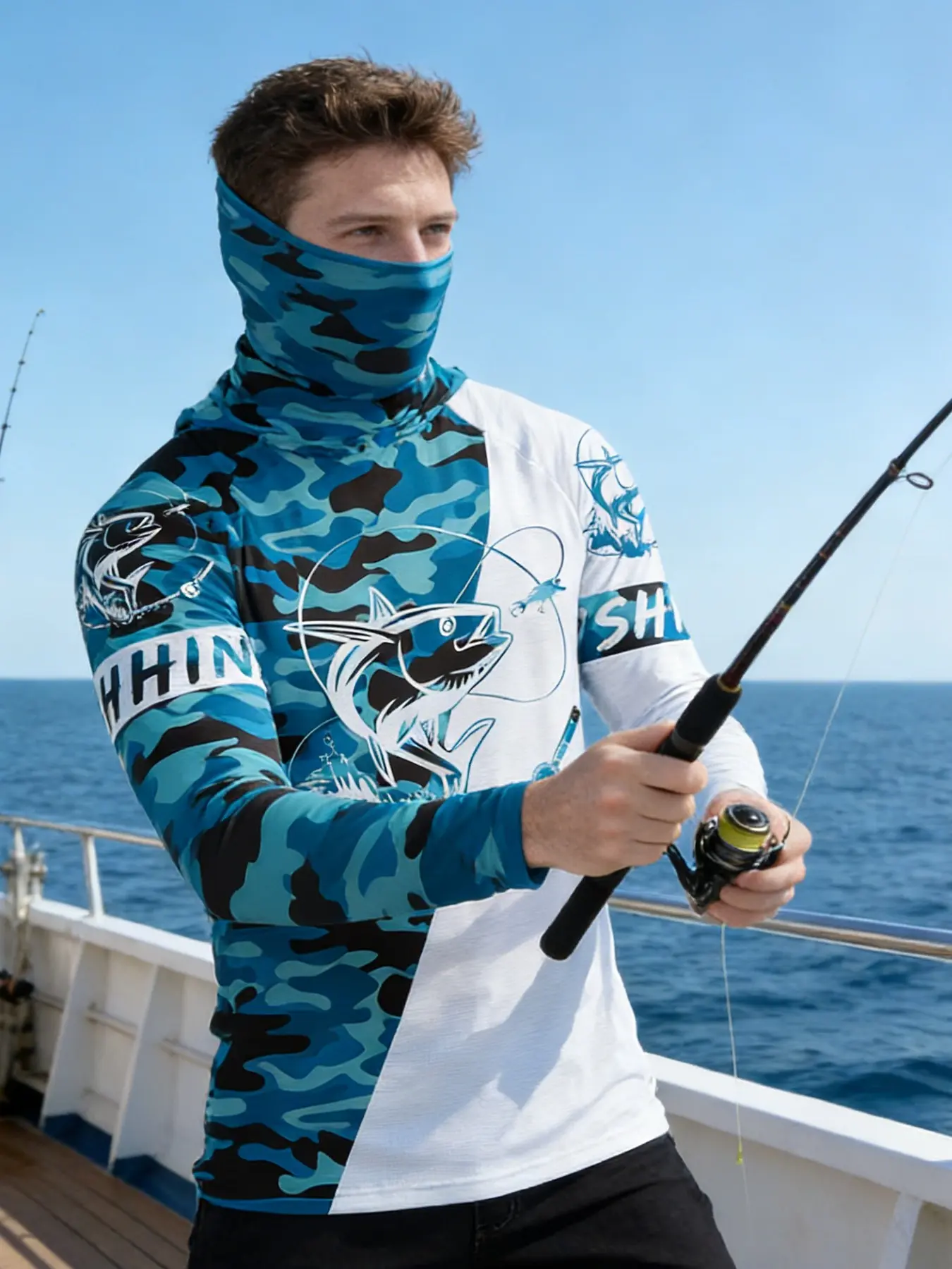 Men's Fishing Hoodie with Face Cover, Long Sleeve Neck Sailing Shirt for Summer Dry Fit Active Performance, Hunting Jersey and Beach Tops Wear, Camo Hoodie, Athletic Hoodies, Fishing Hoody