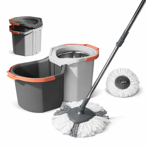 Microfiber Easywring Spin Mop and Bucket Set, Home Cleaning Supplies - 360° Auto Rotating, Adjustable Long Handle, Lightweight, Durable, Multifunctional, Reusable Washable, Corner-Clean Spin System, 3 Heads, Freestanding for Home/Kitchen