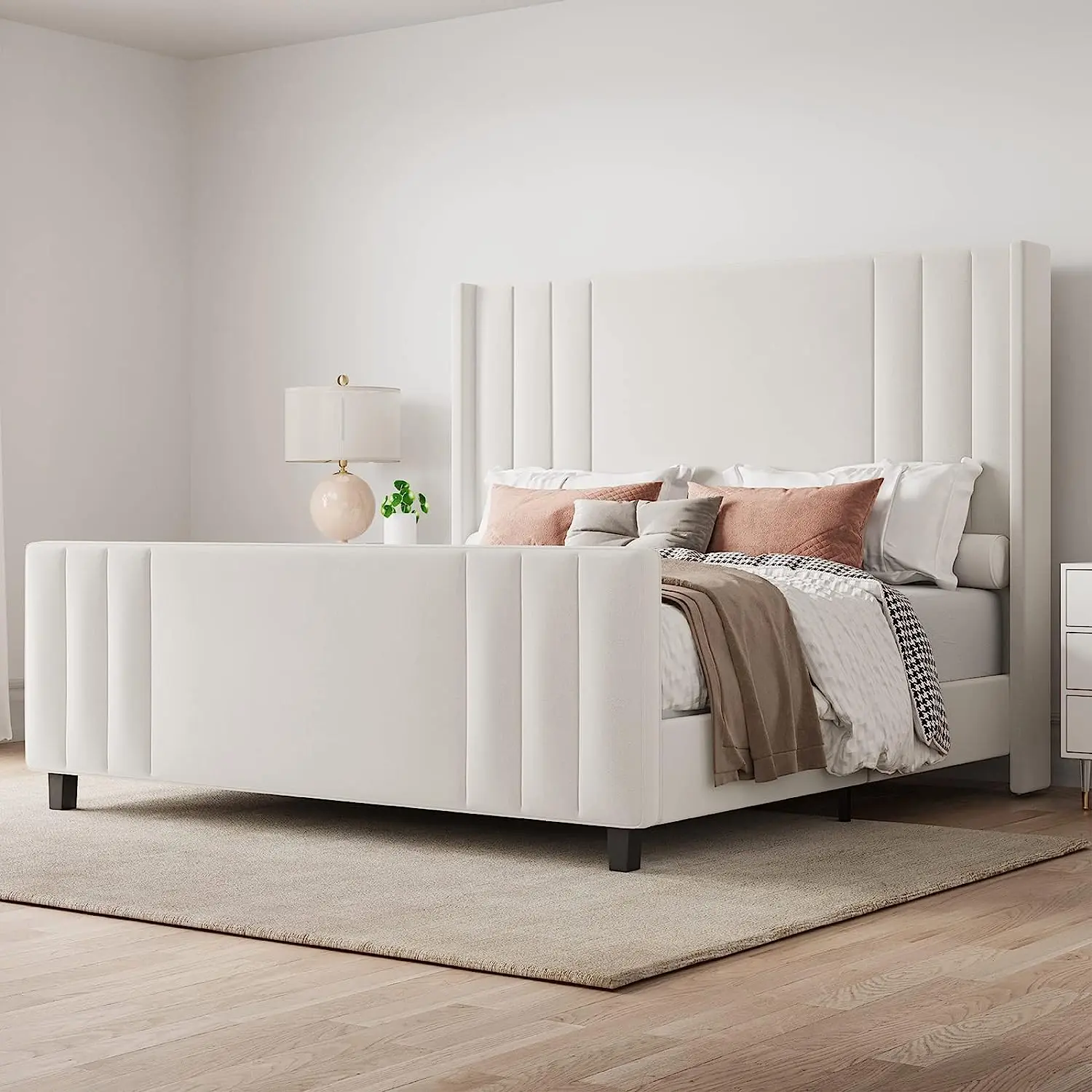 Amerlife Upholstered Platform Bed Frame, Vertical Channel Tufted Wingback Headboard & Footboard Bed Frame for Queen, Ideal Christmas Gift Idea, Upholstered Platform Bedframe, Bed Frames For Queen