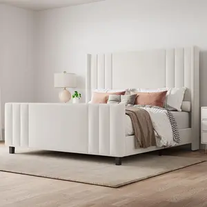 [Memorialday]Amerlife Upholstered Platform Bed Frame, Vertical Channel Tufted Wingback Headboard & Footboard Bed Frame for Queen, Ideal Christmas Gift Idea, Upholstered Platform Bedframe, Bed Frames For Queen