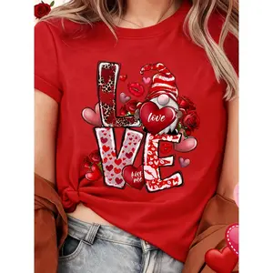 Cute dwarf heart-shaped roses print t-shirt, short sleeve crew neck casual top for summer & spring, Women's clothing Birthday presents Holiday presents