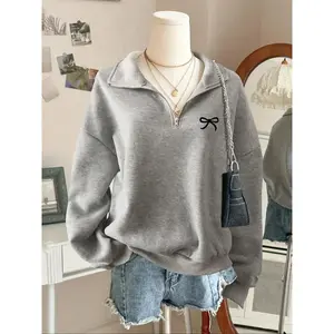 Women’s Loose Fit Half-Zip Hoodie, Butterfly Knot Embroidery Design, Casual Fall & Winter Top, Stylish Streetwear