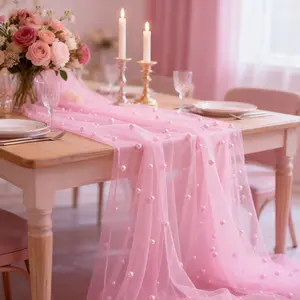 Peach Pink Pearl Tulle Table Runner: Boho Sheer Airy Tablecloth with Versatile Usage for Wedding, Bridal Shower & Baby Shower, Elegant Dessert Table Setting Decor, Bachelorette Party Gift