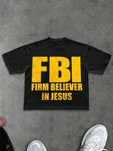 Men's Short Sleeve Letter Print T-Shirt, Fbi Graphic Street Style Streetwear, Casual Fitted Long Tee for Outdoor Sports School Vintage, Menswear