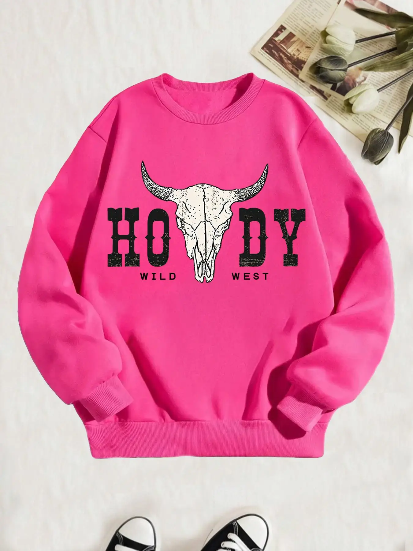 Girl's Cartoon Bull Head & Letter Print Drop Shoulder Thermal Lined Sweatshirt, Casual Long Sleeve Round Neck Pullover for Spring & Fall, Kids Clothes