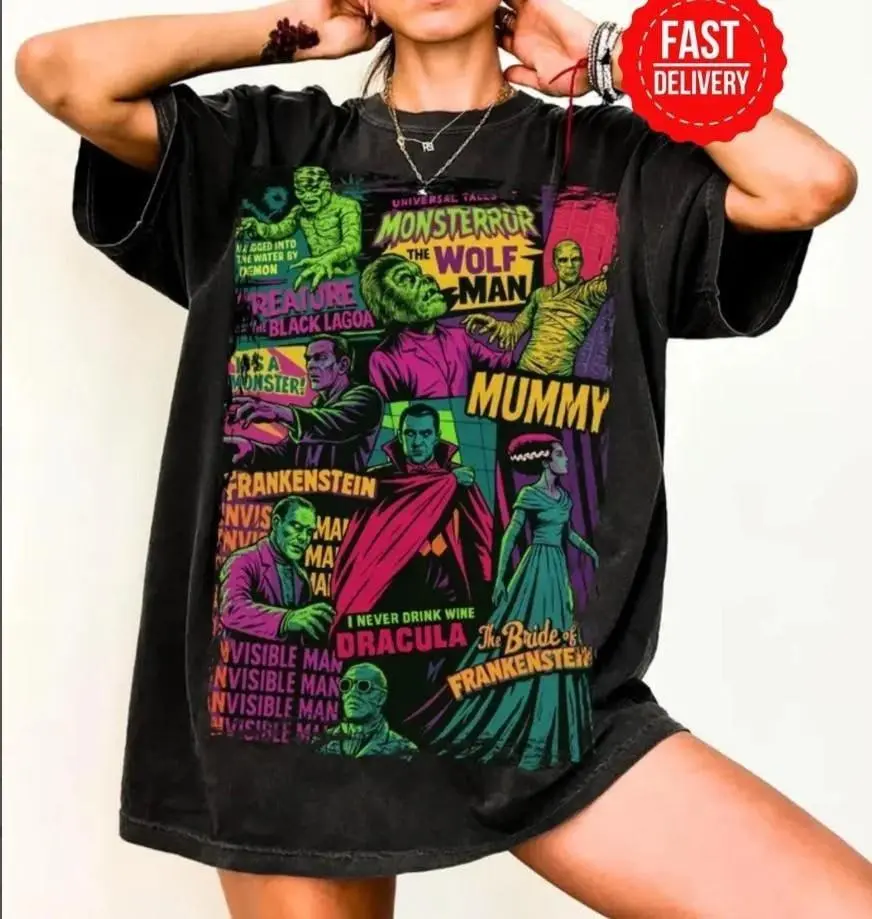 Vintage Universal Monsters T-Shirt, Retro Movie Graphic Tee, Halloween Shirt, 90s Gothic Horror Aesthetic Tee Big Print