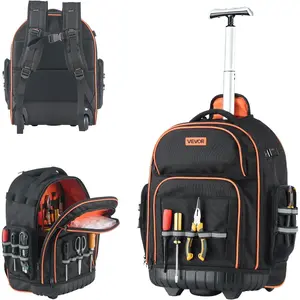 Father's Day Gift VEVOR Rolling Tool Backpack, 110 lbs Load Capacity, 45 Pockets Heavy Duty Roller Tool Bag on Wheels, Adjustable Telescoping Handle & Stable Base, Toolbag Organizers for Construction, Mechanic