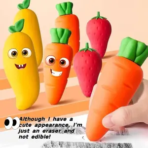 3-Piece Fruit Eraser Set, Large Creative Cartoon Carrot Strawberry Mango Shapes, No Residue Clean Erasers for Kids, School Supplies