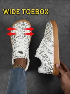 Women's White & Gold Leopard Print Retro Trainers, Comfortable Wide Toe Casual Shoes