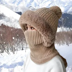 Windproof Cap Outdoor Hat Women's  Winter Knit Set Beanie Hat with Pom Pom Infinity Scarf and Face Mask Cover Soft Yarn for Cold Weather Style Outfit Protective Gear Chic Warmth
