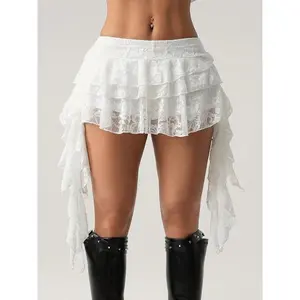 Sexy lace mini skirt set, low-waist casual wavy-hem half skirt with safety shorts, bohemian-style party outfit