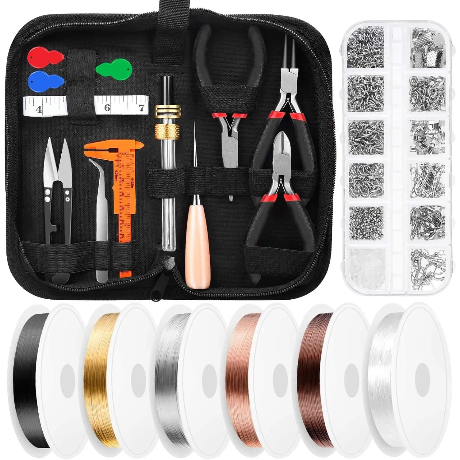 27PCS Tarnish-Resistant Beaded Making Kit for Beginners - Jewelry Making Set with 0.5mm Copper Wire, Craft Rings, Pliers, Jewelry Findings, Anti-Rust Oil, 5 Colors for Creative Mixes & Repair Tools