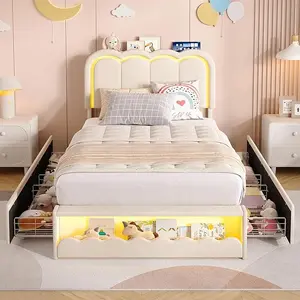 Vabches Twin LED Bed Frame with Storage Headboard and 4 Drawers, Upholstered Platform Bed Frame with Bookcase, Velvet Princess Bed for Kids Girls, Charging Station, No Box Spring Needed