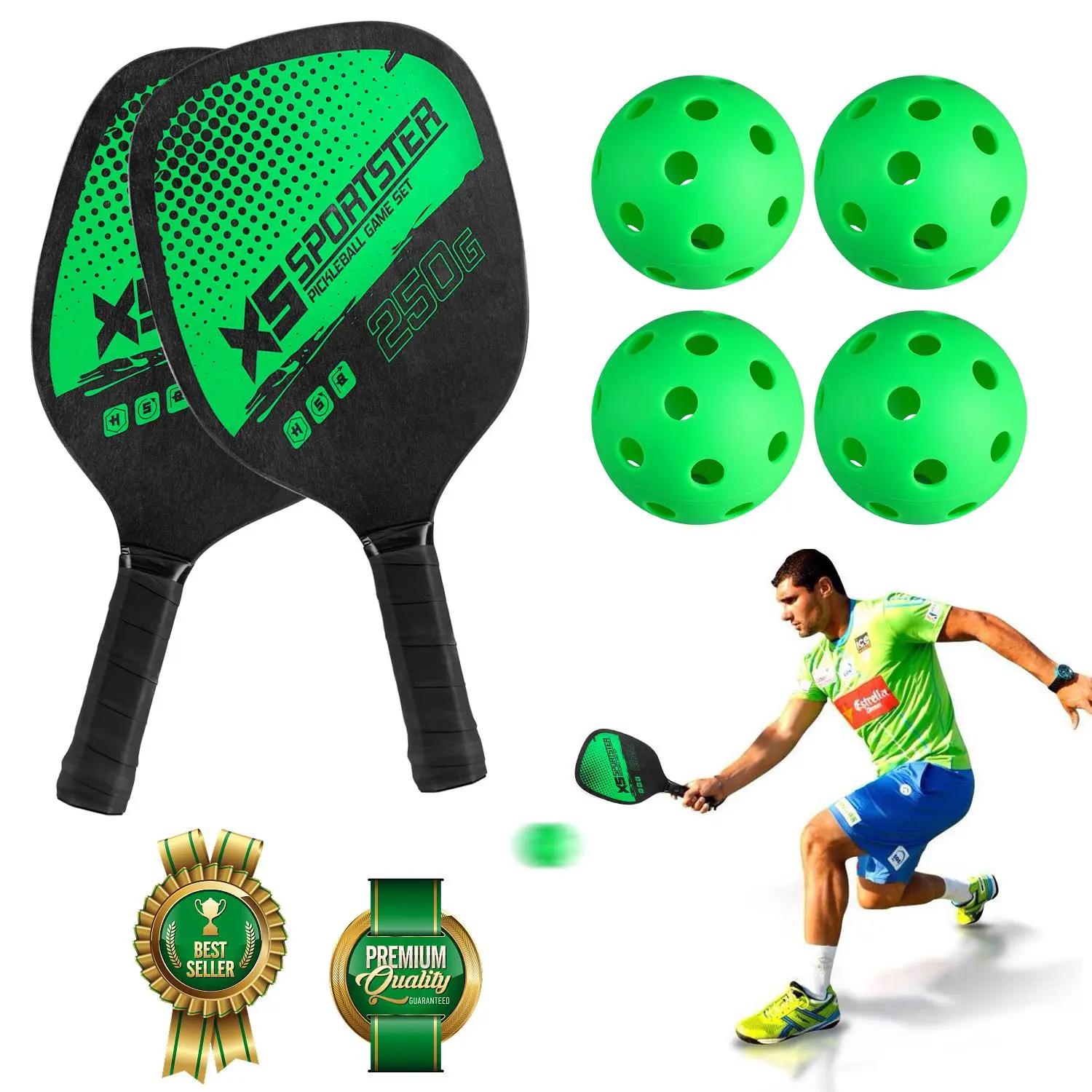 Classic Unisex Wooden Pickleball Paddle Set - 2 Lightweight Wood Paddles, 4 Pickleballs, Comfortable Hold Casual Sport Kit for Beginners’ Indoor Outdoor Play