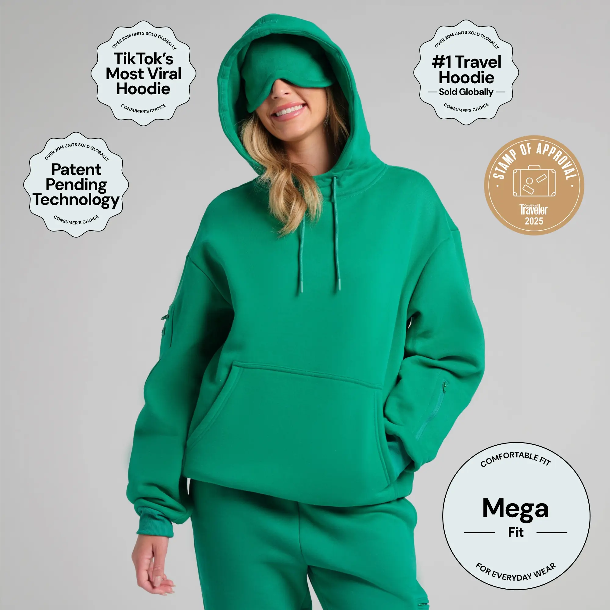 Comfrt | Airplane Mode Travel Hoodie - Mega | Generous Mega Fit Viral Sleep & Airport Hoodie With Eye Mask