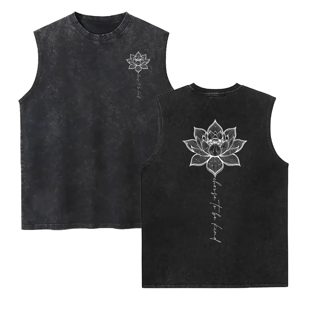 Women's Short-Sleeve Round Neck Smooth Seamless Solid Boho Lotus Mandala Washed Vest - Choose To Be Kind Graphic Washed Vest - Yoga Gift For Her, Basic, Casual, Soft, Cotton Fabric, Short Sleeves, Washed Vest