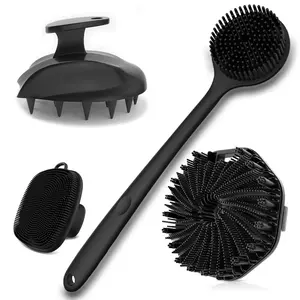 Silicone Body Care Brush Set, 4 Counts Long-Handle Back & Face Brushes, Bath Brush, Hairbrush & Body Back Scrubber, Professional Skincare Tools for Home & Travel Use, Shower Brush Exfoliating Tool