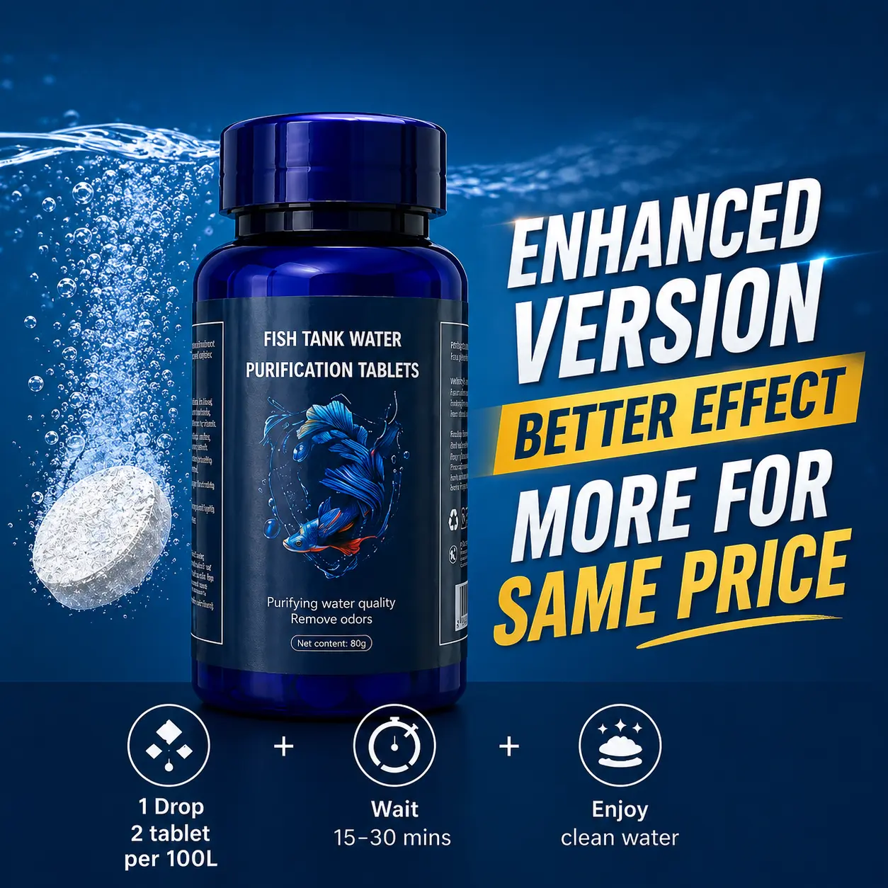 New Model Fish Tank Cleaning Tablets – Fast Dissolve, 80g (approx. 90 pieces)，Anti-Algae, Crystal Clear Water in Minutes，Instantly Clear Water, Remove Odor & Improve Fish Health