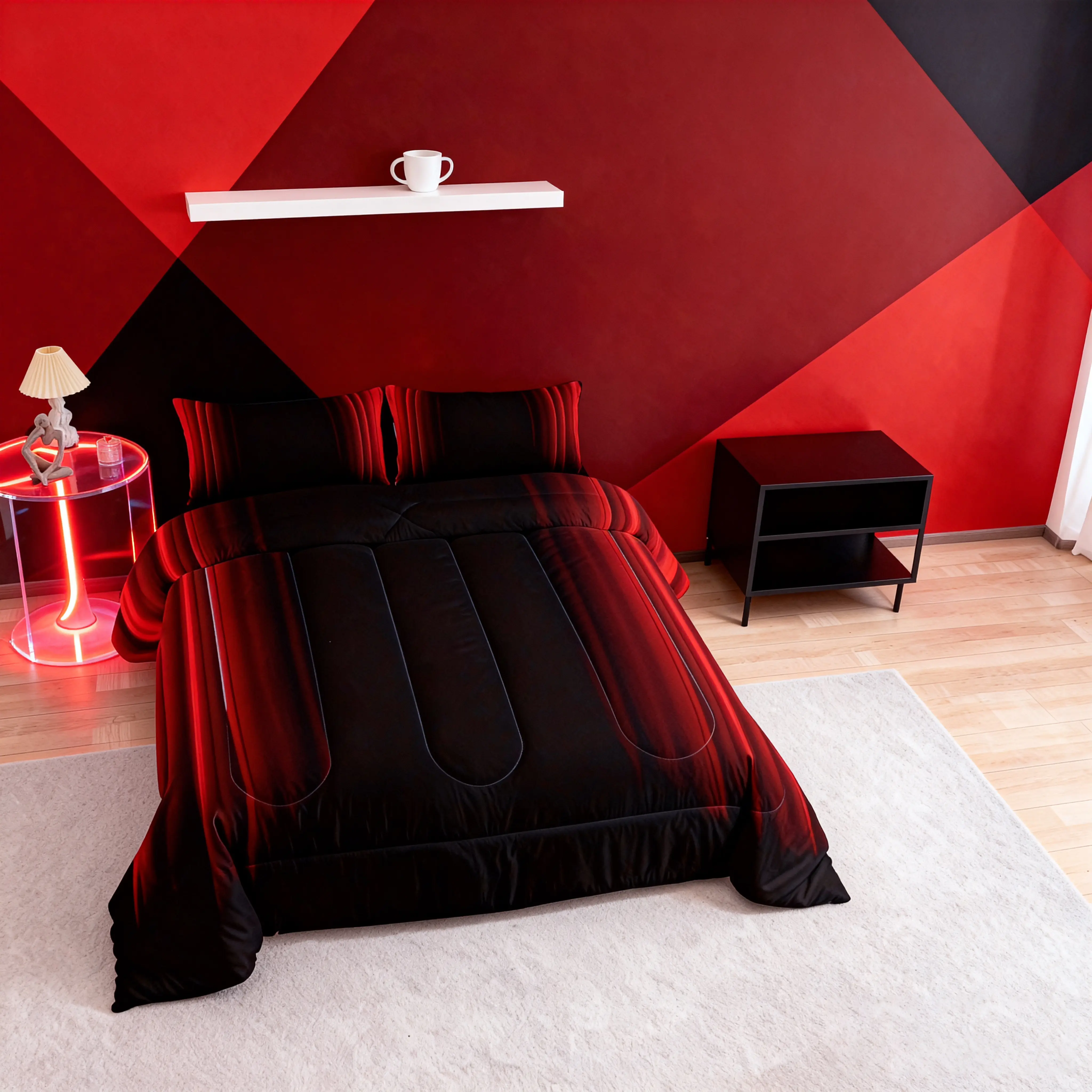 Abstract Ombre Quilt,Twin Full Queen King Size Bedding,Red Black Duvet Set with Pillowcase,Modern Fashion Geometric Room, Breathable Duvet Set, Microfiber Bedding Set