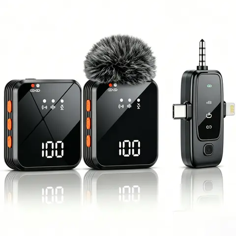 Cordless Lavalier Microphone for Audio Recording - 3-in-1 Receiver, Chargeable Built-in Li-ion Battery, 20-hour Battery Life, 328ft Range, Noise Cancelling, USB-C Compatible, Plug-and-Play for Smartphones, Vlogging
