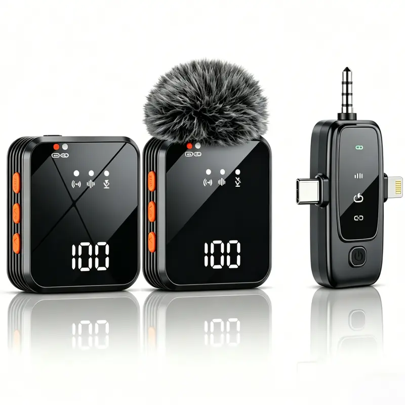 Cordless Lavalier Microphone for Audio Recording - 3-in-1 Receiver, Chargeable Built-in Li-ion Battery, 20-hour Battery Life, 328ft Range, Noise Cancelling, USB-C Compatible, Plug-and-Play for Smartphones, Vlogging