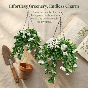 15" Faux Crepe Myrtle Hanging Flower Baskets – Realistic Artificial Hanging Flowers for Porch, Patio & Balcony Decor (Set of 2)