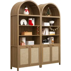 SICOTAS Book Shelf Arched Cabinet Bookshelf Arch 84.2" Tall Bookcase 5 Tier Large Bookshelves with Doors Storage Rattan Boho Wide Book Shelves Case for Living Room Kitchen Office Bedroom Library, Robust and Durable