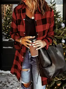 Women's Gingham Shirt, Casual Button Collared Button Up Loose-Fitting Long Sleeve Top, Woven Fabric, All Seasons Wear, Moderate Thickness