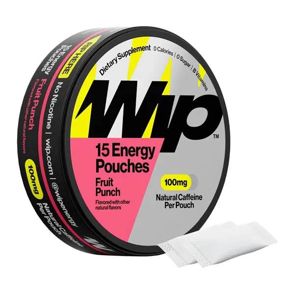 Wip Energy Beverage Pouches, Sugar-Free & Calorie-Free Fruit Punch Flavor, 200MG Natural Caffeine Blend with B Vitamins, Minerals & L-Theanine for Energy Boost, Portable Pre-Workout for Active Lifestyles & Studying, 1 Can (15 Pouches)