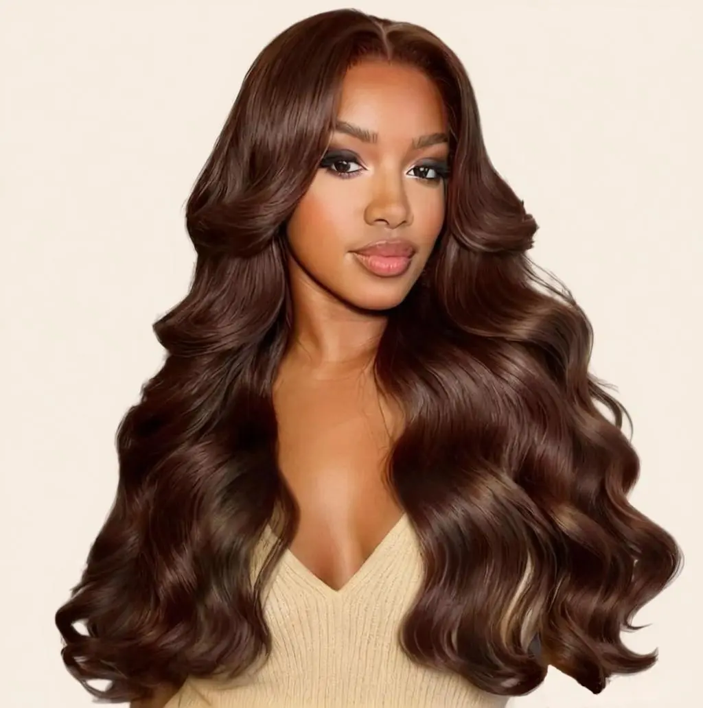 [28'' only $93.99] 13x6 Full Lace Front Wig 200% Density Chestnut Brown Body Wave 100% Human Hair Pre Bleached Knots Bouncy Curl Reddish Brown