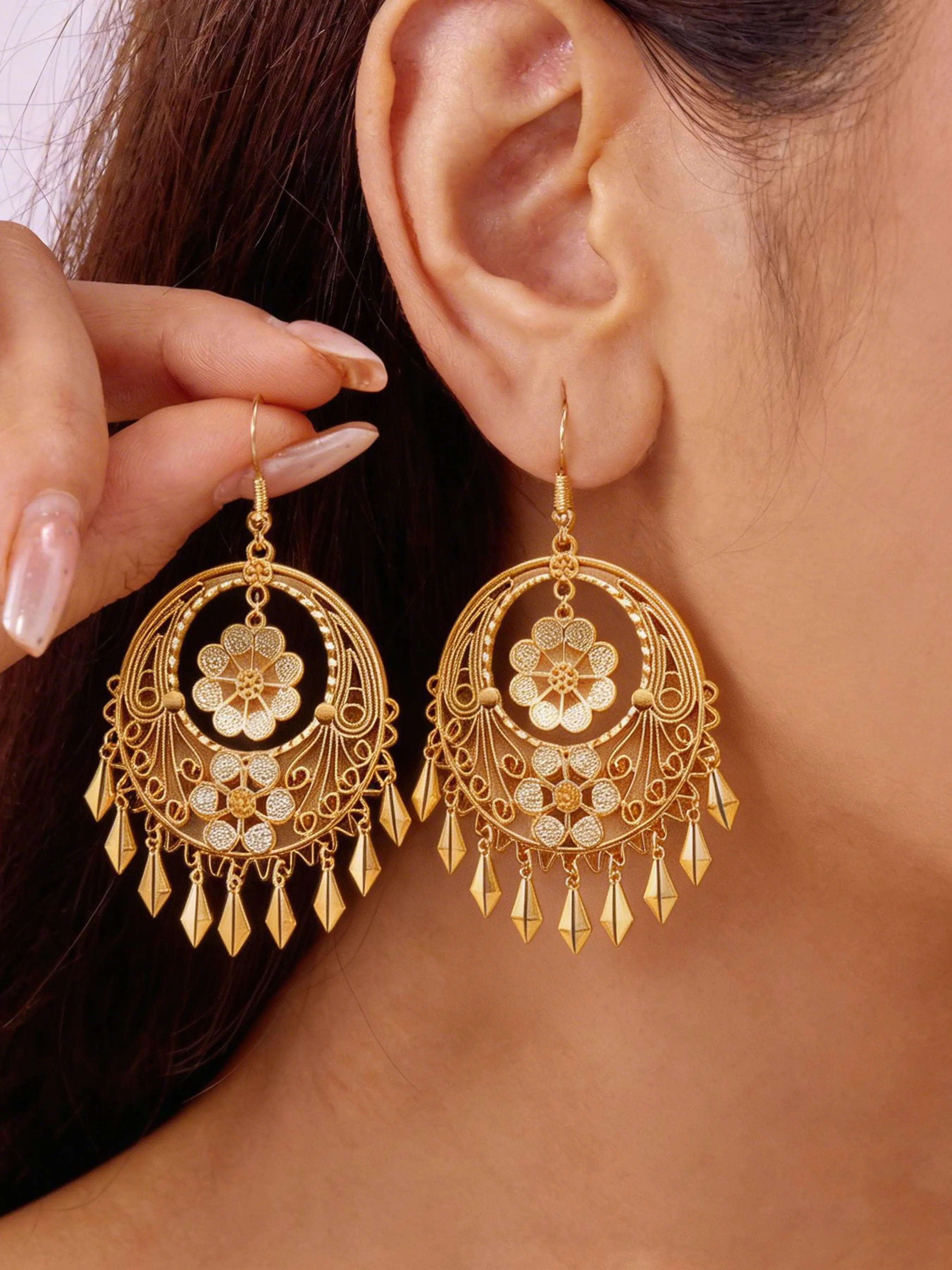 Bohemian Cut Out Floral Drop Earrings, Ethnic Style Alloy Jewelry, Daily Wear Party Wedding Accessories, Perfect Gift for Women