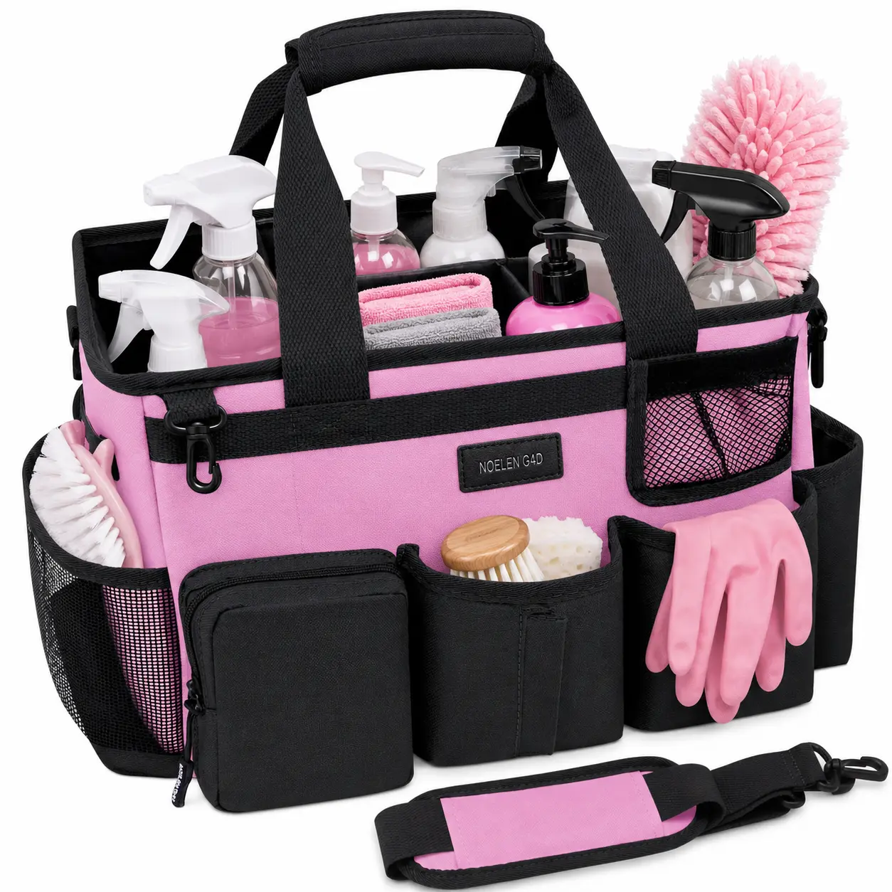 Upgraded large pink cleaning bag comes with adjustable shoulder straps and waistband large-capacity portable cleaning storage bag, storage pad, mesh aluminum lightweight