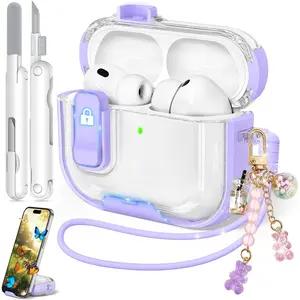 for Airpods Pro 3 Case 2025, Anti-Yellowing Clear Case for Airpods Pro 3 with Secure Lock & Phone Stand, Soft TPU Drop Protection Cover with Cleaning Kit (Purple)