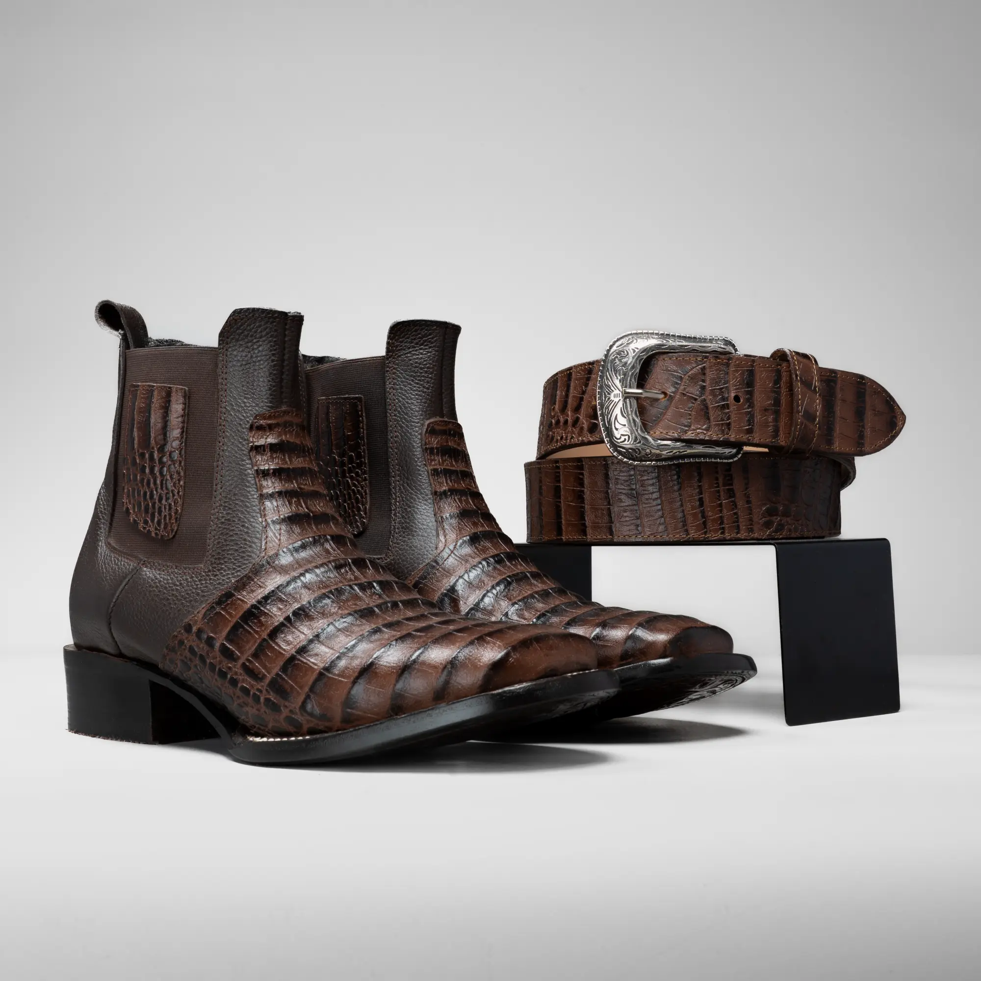 Men's CAIMAN Combo Short Ankle Western Square Toe Boot in Premium Leather + Belt