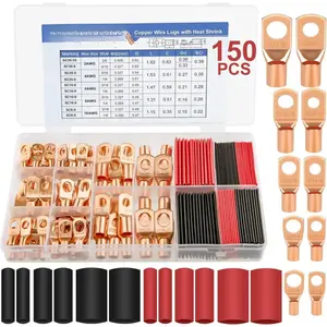 150 count   Ends, Copper Wire Lugs Assortment Kit AWG 2 4 6 8 10 Gauge - 70 count   Lugs Ring Wire Terminal Connectors and 80 count Heat Shrink Tubing Kit for Marine Electrical Supplies