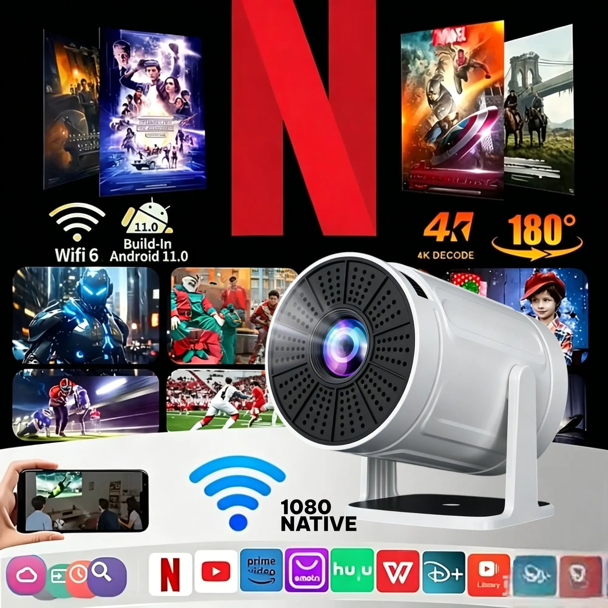 Portable Home Cinema Projector with 4K Support, Native 720P Resolution, Voice Control and Auto Keystone Correction, Smart Projector for Streaming, Bedroom and Office Use