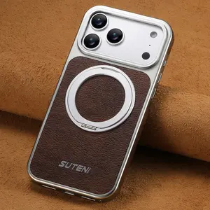 SUTENI Faux Leather Magnetic Wireless Charging Phone Case with 360° Rotating Stand Ring Buckle Matte Finish for iPhone 17 Pro Max 16 15 14 13 Unisex Gift